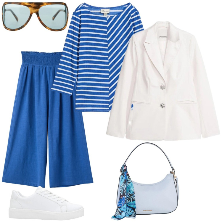Outfit donna - Blu cobalto in primavera. Stile Casual chic per Tutti i giorni. Abbinamento con blazer, t-shirt, sneakers, borse a mano, pantaloni, occhiali da sole.
