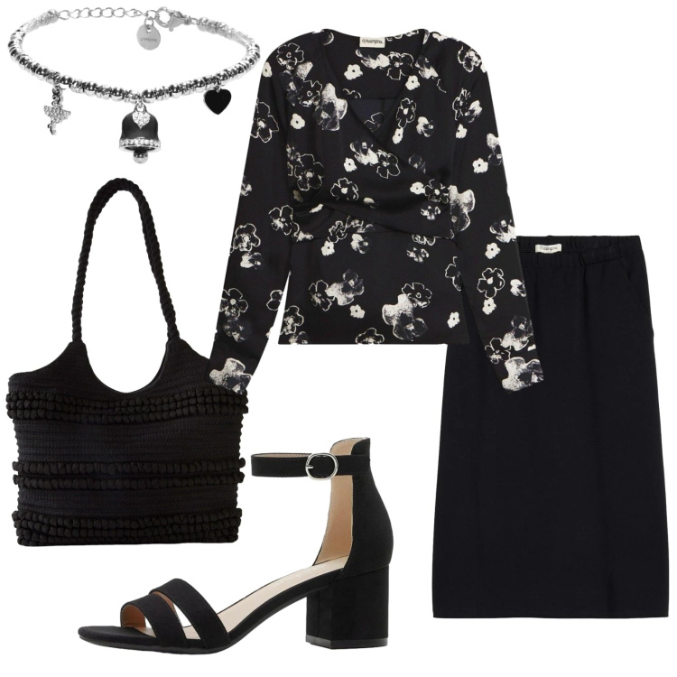 Outfit donna - Total look #2385923. Stile Basic per Ufficio. Abbinamento con gonne longuette, bluse, shopping bag, sandali col tacco, braccialetti.