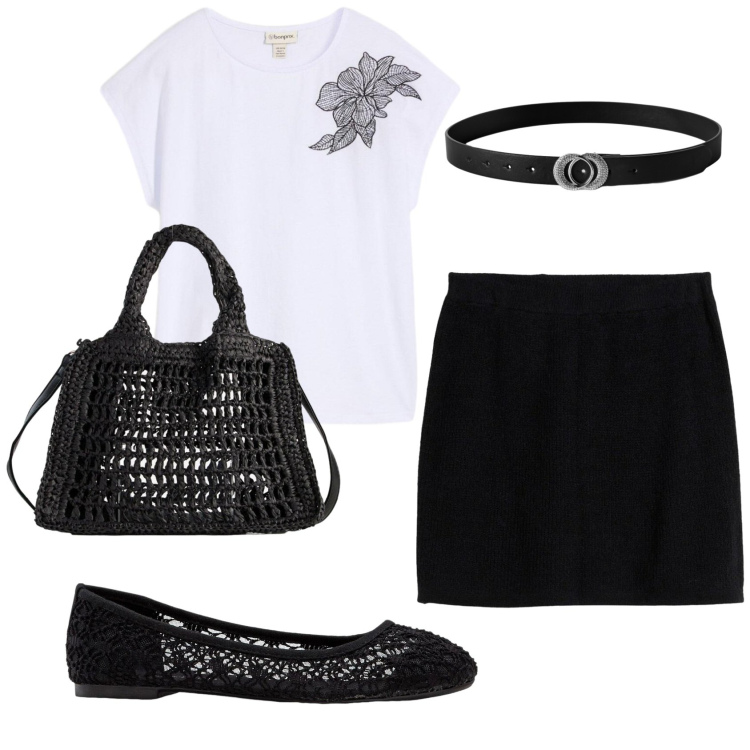 Outfit donna - Total look #2385925. Stile Basic per Ufficio. Abbinamento con minigonne, t-shirt, ballerine, borse a tracolla, cinture.
