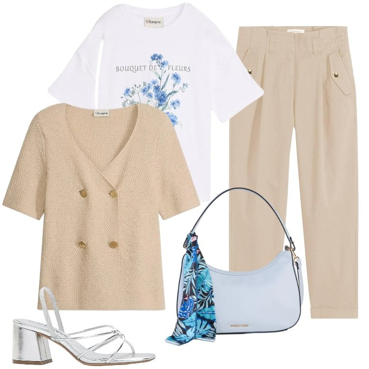 Outfit donna - Total look #2385931. Stile Boho per Tutti i giorni. Abbinamento con sandali col tacco, cardigans, pantaloni, borse a mano, t-shirt.