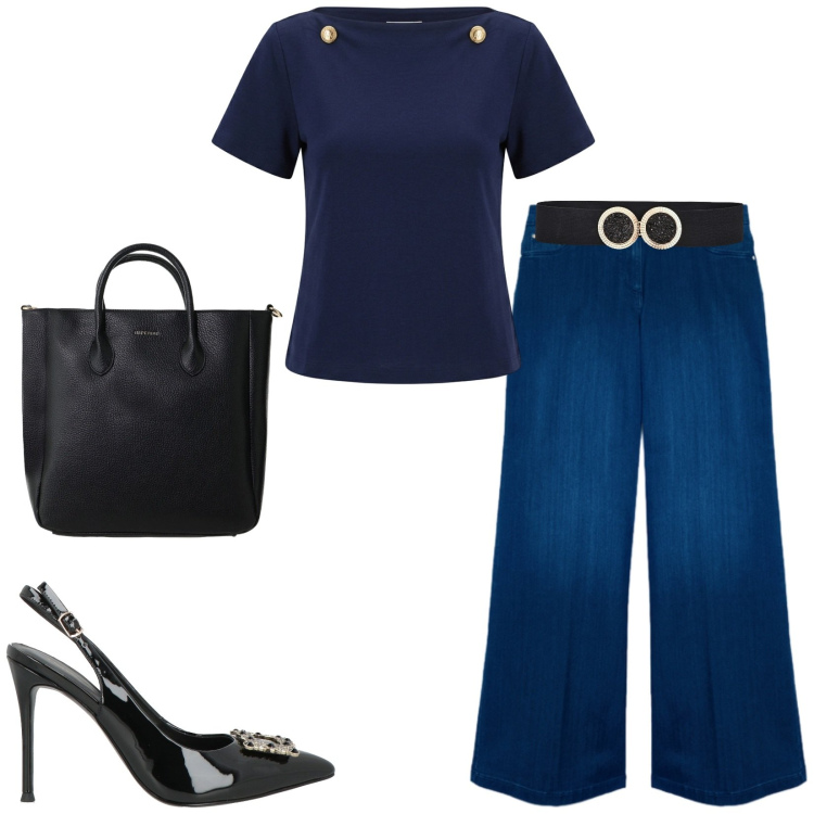 Outfit donna - Total look #2385932. Stile Chic per Serata fuori. Abbinamento con décolleté, borse a tracolla, t-shirt, jeans, cinture.
