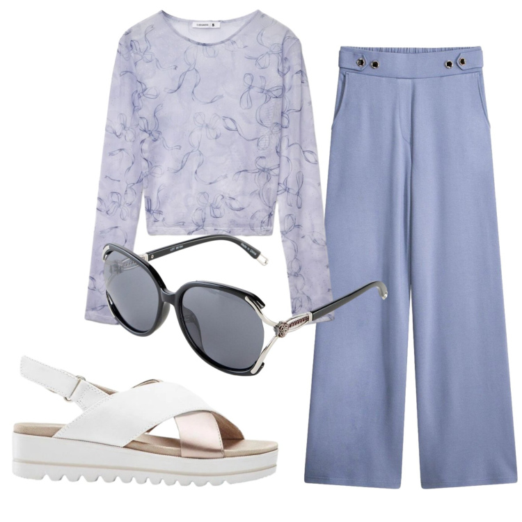 Outfit donna - Total look #2385934. Stile Basic per Tutti i giorni. Abbinamento con pantaloni, sandali, occhiali da sole, t-shirt.