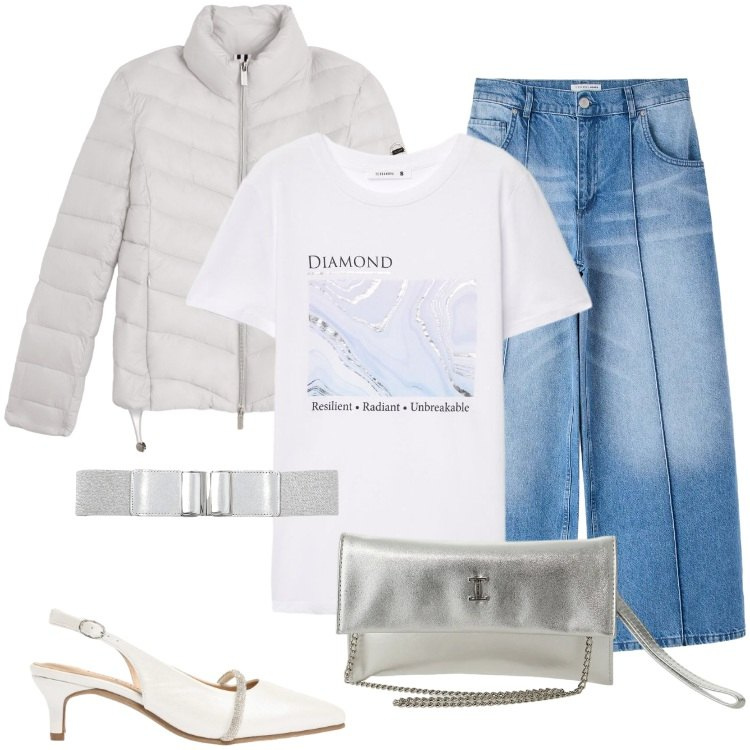 Outfit donna - Total look #2385936. Stile Boho per Serata fuori. Abbinamento con décolleté, borse a tracolla, piumini, cinture, jeans, t-shirt.