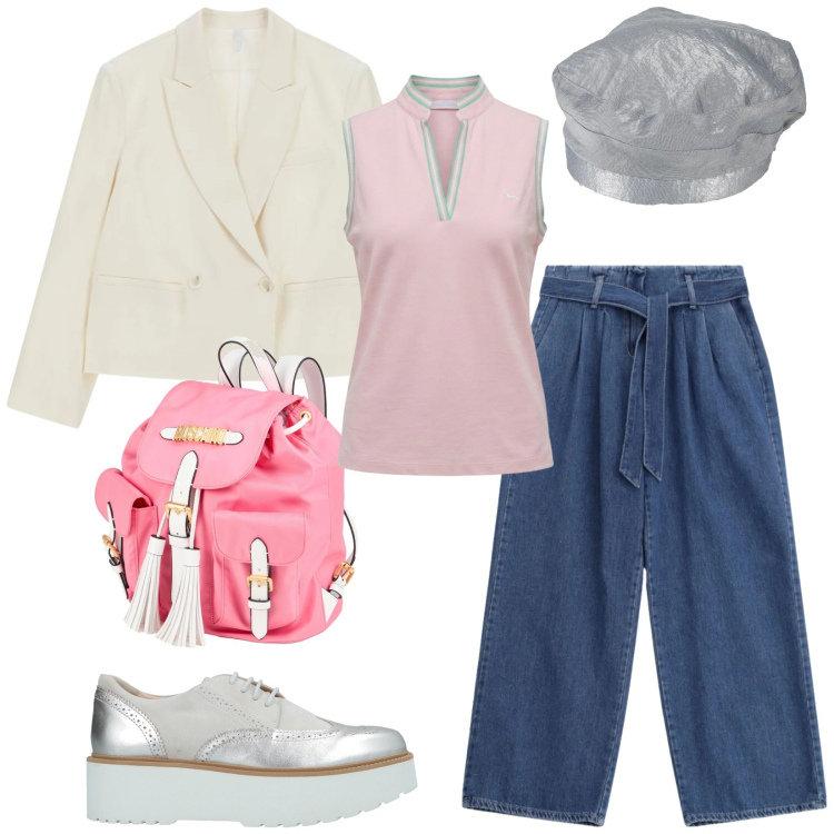 Outfit donna - Total look #2385937. Stile Trendy per Tutti i giorni. Abbinamento con zaini, scarpe stringate, cappelli e berretti, blazer, jeans, polo.
