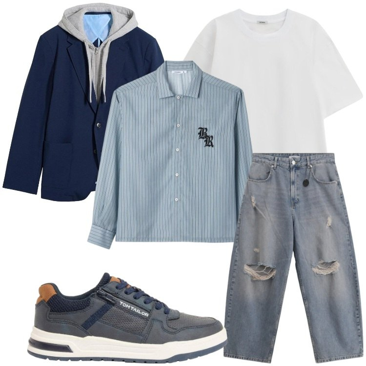 Outfit uomo - Layering leggero. Stile Urban per Tutti i giorni. Abbinamento con sneakers, giacche, camicie, jeans strappati, t-shirt.