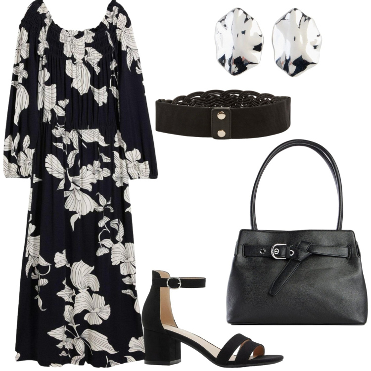 Outfit donna - Un pranzo speciale. Stile Casual chic per Tutti i giorni. Abbinamento con vestiti, borse a mano, sandali col tacco, orecchini, cinture.