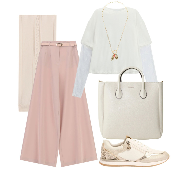 Outfit donna - Aprile. Stile Romantica per Tutti i giorni. Abbinamento con sneakers, pantaloni a palazzo, borse a tracolla, t-shirt, ciondoli, sciarpe.