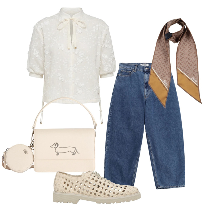 Outfit donna - Aprile. Stile Casual chic per Tutti i giorni. Abbinamento con scarpe stringate, sciarpe, jeans, bluse, borse a tracolla.