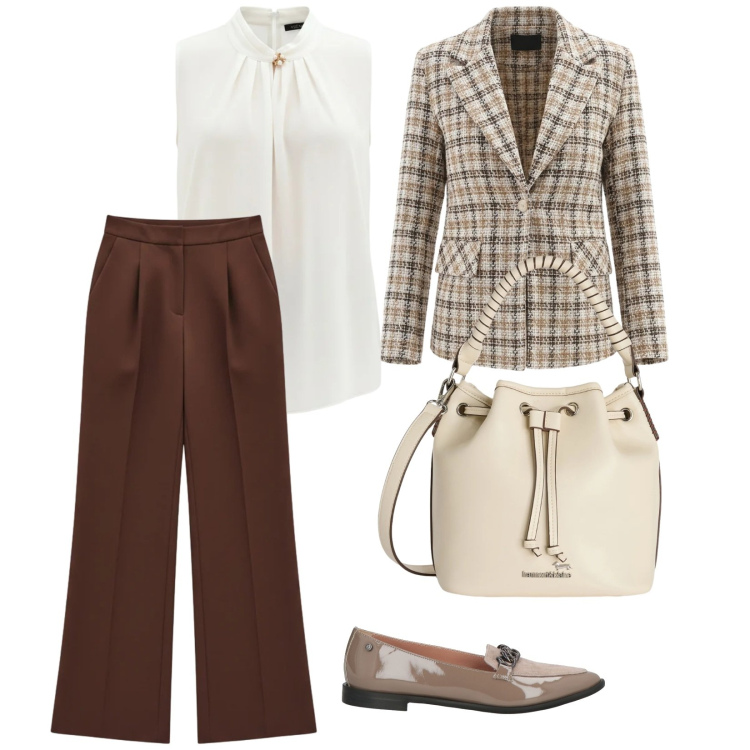 Outfit donna - Giacca a quadri. per Tutti i giorni. Abbinamento con mocassini, blazer, top, pantaloni a palazzo, borse a secchiello.