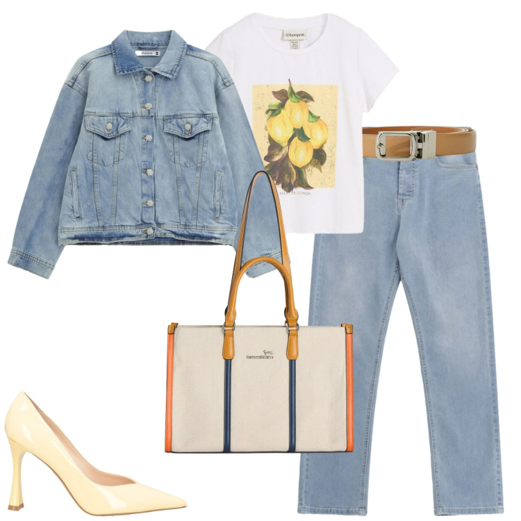 Outfit donna - Aprile. Stile Casual chic per Tutti i giorni. Abbinamento con décolleté, t-shirt, jeans, blazer, borse tote, cinture.