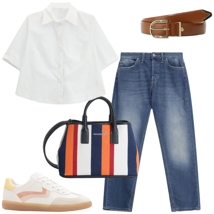 Outfit donna - City. Stile Casual chic per Tutti i giorni. Abbinamento con sneakers, camicie a manica corta, cinture, jeans dritti, shopping bag.