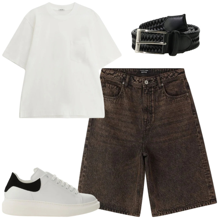 Outfit uomo - Aprile. Stile Casual per Tutti i giorni. Abbinamento con bermuda, sneakers, t-shirt, cinture.