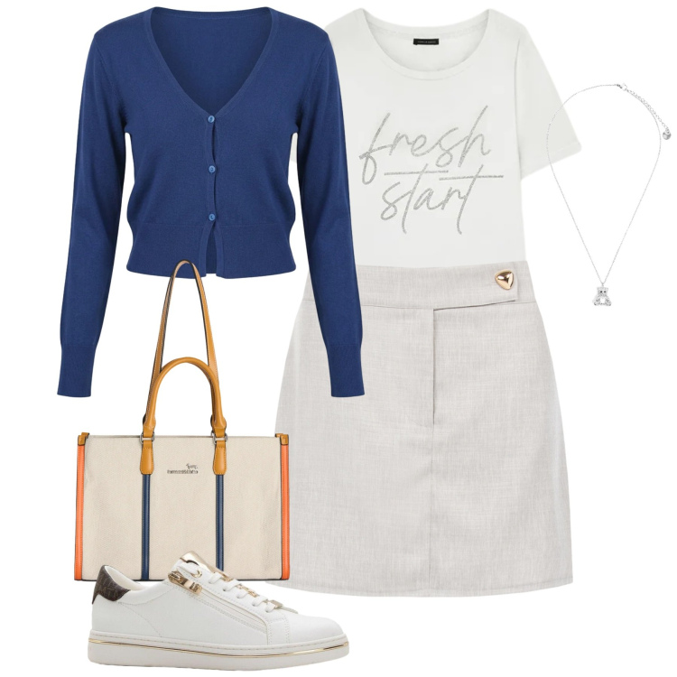 Outfit donna - Aprile. Stile Basic per Tutti i giorni. Abbinamento con sneakers, t-shirt, borse tote, minigonne, cardigans, ciondoli.