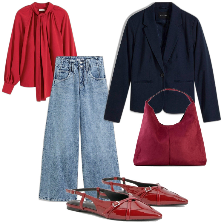 Outfit femme - Marine et rouge. Style Tendance pour Bureau. Assortir avec chemisiers, blazers, sac cabas, jeans, ballerines.