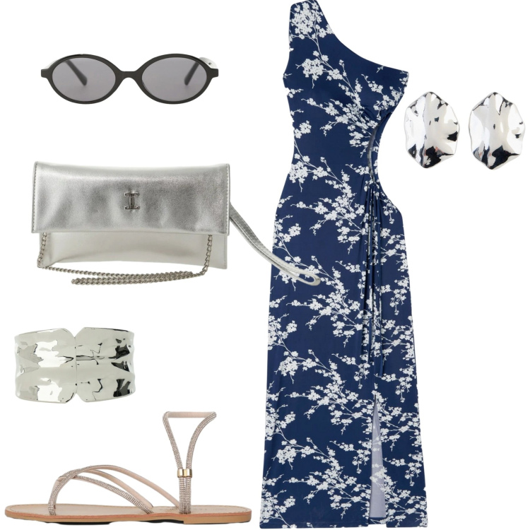 Outfit donna - Serata. Stile Glamour per Serata fuori. Abbinamento con orecchini, vestiti asimmetrici, sandali, occhiali da sole, borse a tracolla, braccialetti.