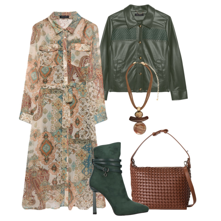 Outfit donna - L’abito paisley. Stile Casual chic per Tutti i giorni. Abbinamento con stivaletti, vestiti chemisier, blazer, ciondoli, borse a spalla.