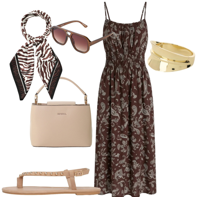Outfit donna - Summer. Stile Casual chic per Tutti i giorni. Abbinamento con occhiali da sole, vestiti lunghi, foulard, ciabatte, borse a secchiello, braccialetti.