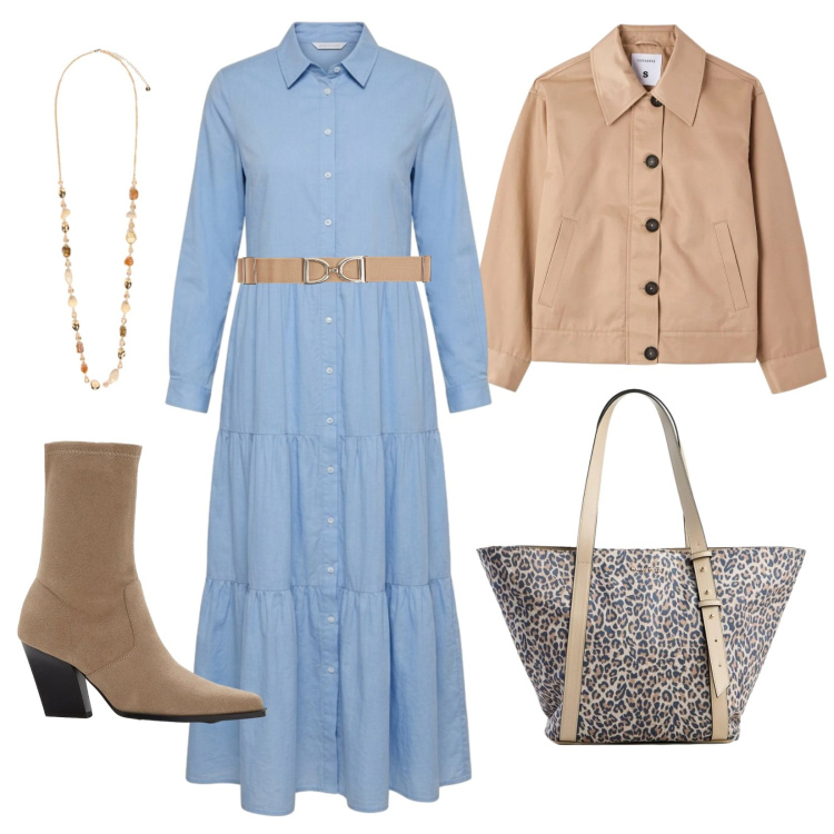 Outfit donna - Romantica con grinta. Stile Casual per Tutti i giorni. Abbinamento con stivaletti, shopping bag, cinture, cappotti, vestiti chemisier, collane.