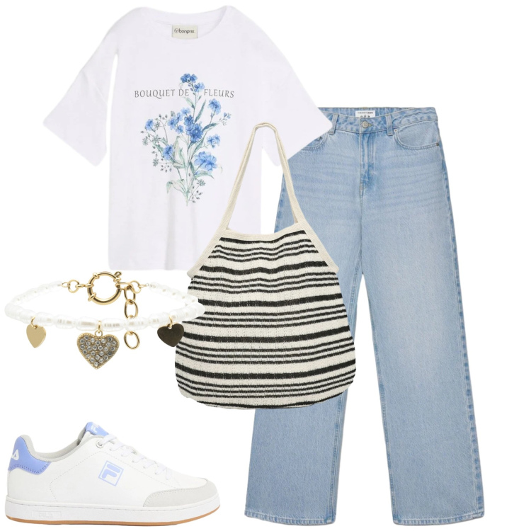 Outfit donna - Aprile. Stile Casual per Tutti i giorni. Abbinamento con sneakers, t-shirt, shopping bag, jeans, braccialetti.