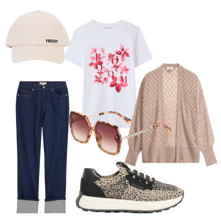 Outfit donna - Total look #2385970. Stile Casual per Tutti i giorni. Abbinamento con jeans dritti, occhiali da sole, sneakers, cardigans, t-shirt, cappelli con visiera.