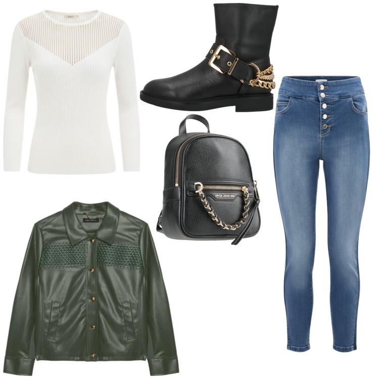Outfit donna - Total look #2385971. Abbinamento con zaini, stivaletti, blazer, maglieria, jeans.