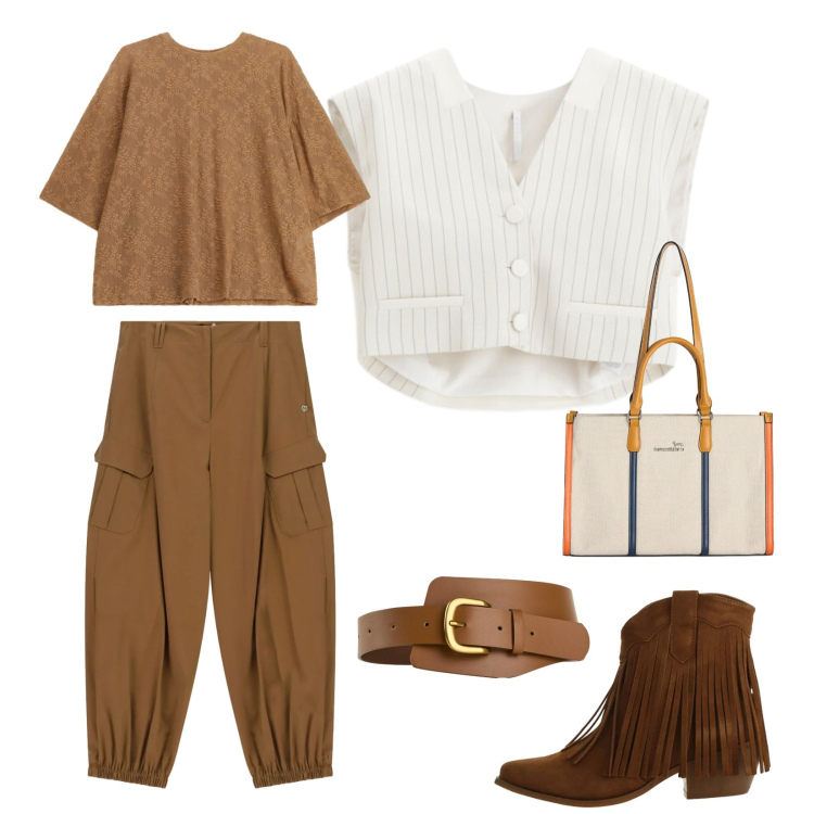 Outfit donna - Weekend fuori città. Stile Casual per Tutti i giorni. Abbinamento con cinture, pantaloni cargo, borse tote, bluse, gilet, stivaletti texani.