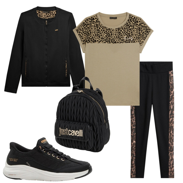 Outfit donna - Leopardo. Stile Sporty chic per Tutti i giorni. Abbinamento con zaini, sneakers, leggings, t-shirt, felpe.