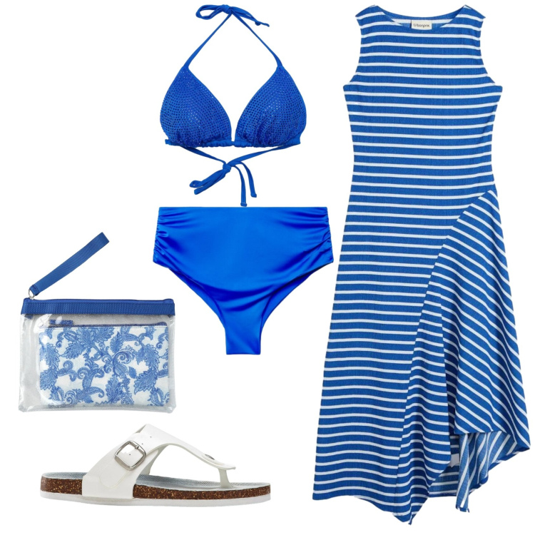 Outfit donna - Total look #2385977. Stile Basic per Mare. Abbinamento con vestiti lunghi, infradito, pochette, bikini, bikini.