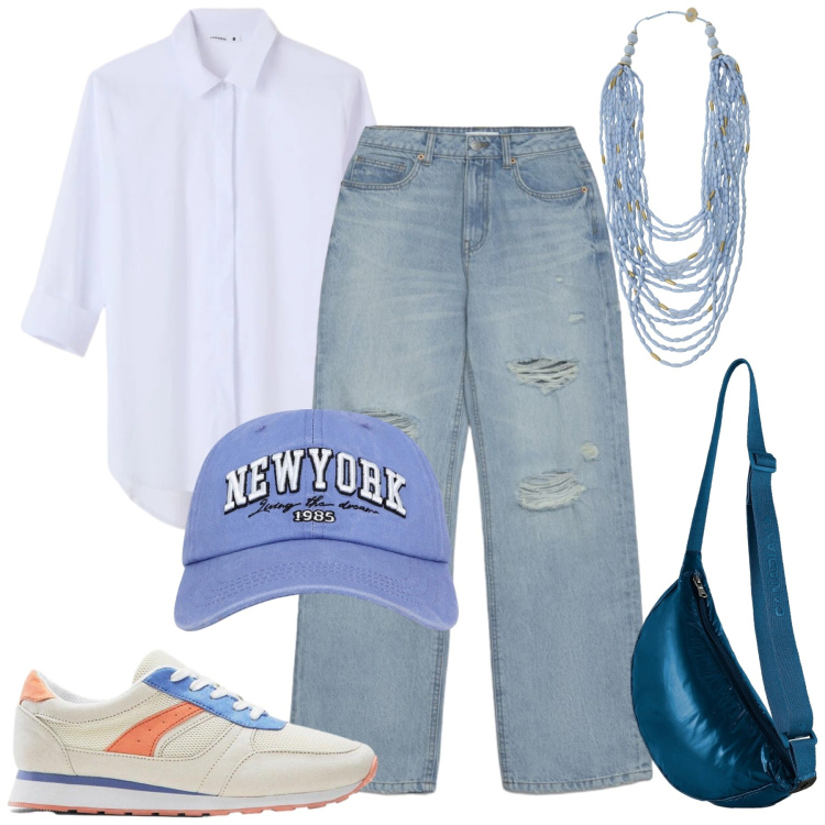 Outfit donna - Finalmente si esce. Stile Casual per Tutti i giorni. Abbinamento con sneakers, cappelli, jeans strappati, camicie, collane, borse a tracolla.