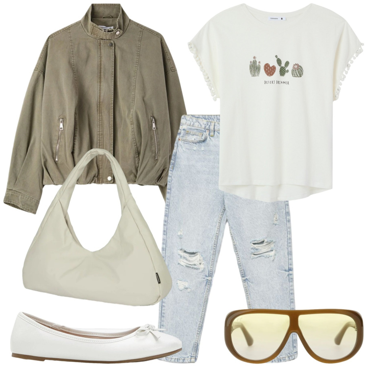 Outfit donna - Fuori città. Stile Casual chic per Tutti i giorni. Abbinamento con ballerine, t-shirt, jeans mom, bomber, occhiali da sole, borse a spalla.