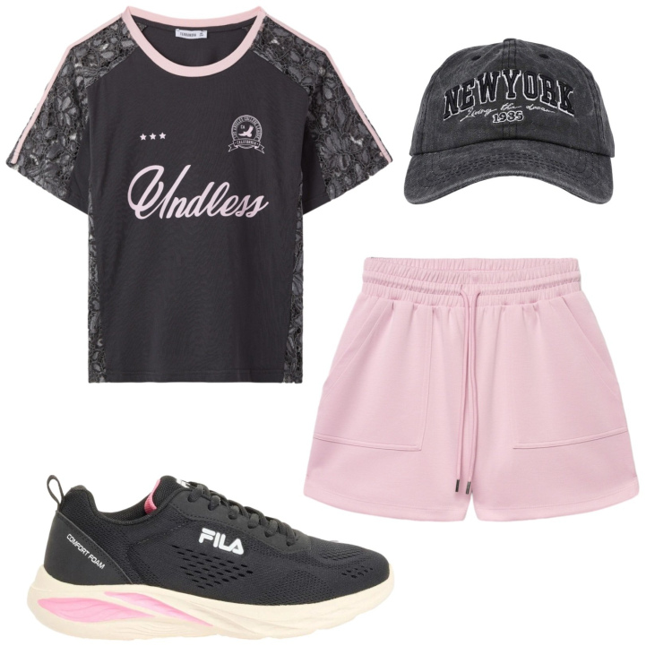 Outfit donna - Total look #2385980. Stile Casual per Sport. Abbinamento con sneakers, cappelli, t-shirt, shorts.