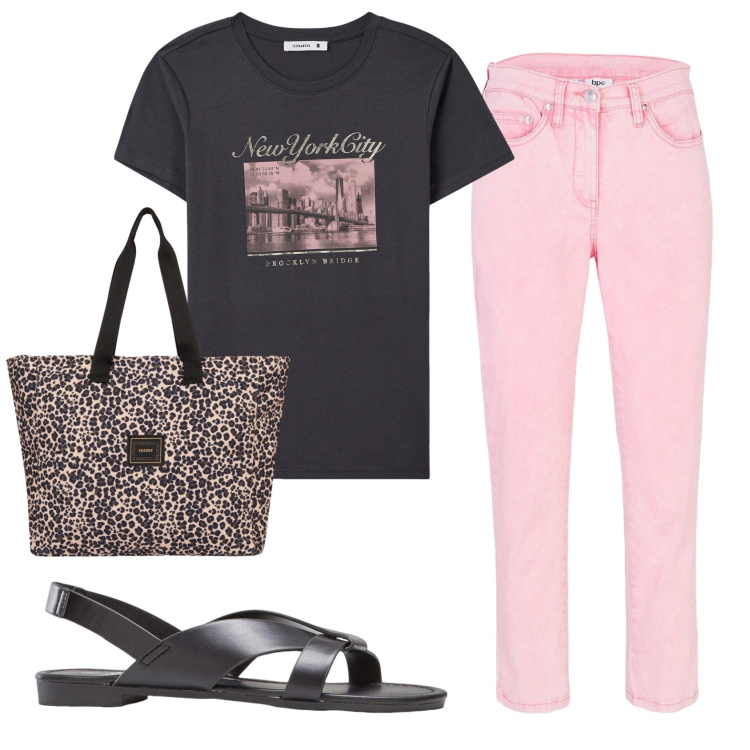 Outfit donna - Total look #2385982. Stile Casual per Tutti i giorni. Abbinamento con sandali, pantaloni, t-shirt, shopping bag.