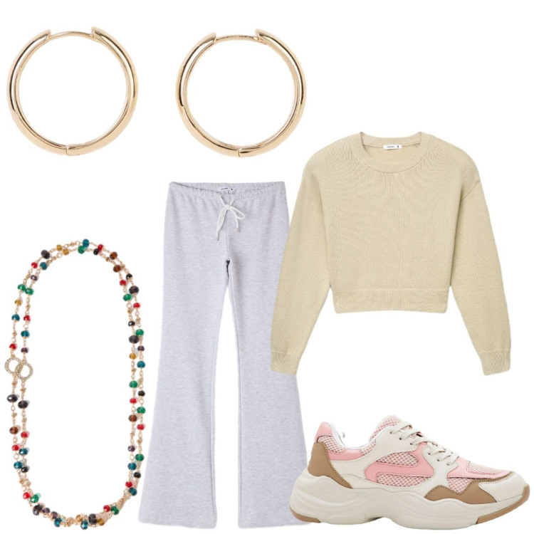 Outfit donna - Outfit autunno aestethic. Stile Casual per Tutti i giorni. Abbinamento con sneakers, orecchini, pantaloni, maglieria, collane.