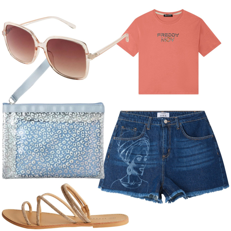 Outfit donna - Primavera in spiaggia. Stile Basic per Mare. Abbinamento con occhiali da sole, sandali, shorts, pochette, t-shirt.
