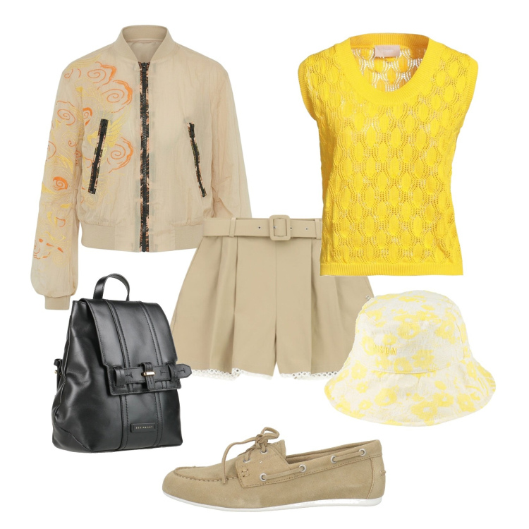 Outfit donna - Stile contemporaneo. Stile Sporty chic per Mare. Abbinamento con pullovers, zaini, mocassini, cappelli, shorts, bomber.