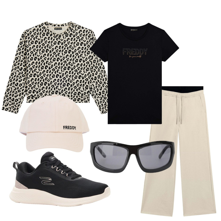 Outfit donna - Total look #2385989. Stile Sporty chic per Tutti i giorni. Abbinamento con sneakers, occhiali da sole, pantaloni, felpe, cappelli con visiera, t-shirt.