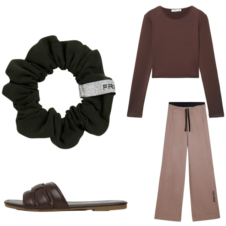 Outfit donna - Domenica comoda. Stile Basic per Tutti i giorni. Abbinamento con t-shirt, ciabatte, accessori per capelli, pantaloni.
