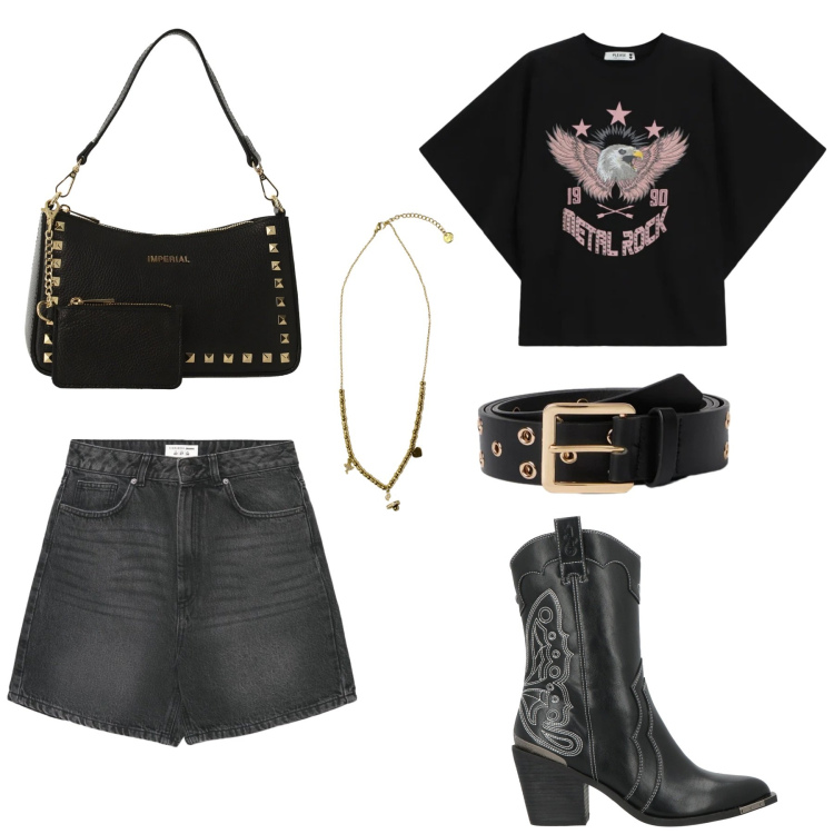Outfit donna - Casual Darck. Stile Casual per Tutti i giorni. Abbinamento con stivaletti texani, shorts, cinture, t-shirt, borse a spalla, ciondoli.