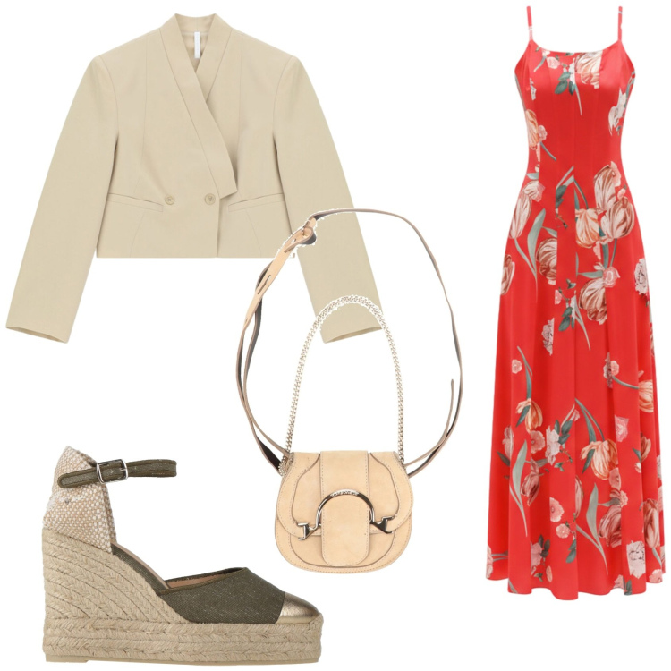 Outfit donna - Cocktail party. Stile Preppy per Serata fuori. Abbinamento con marsupi, espadrillas, blazer, vestiti lunghi.