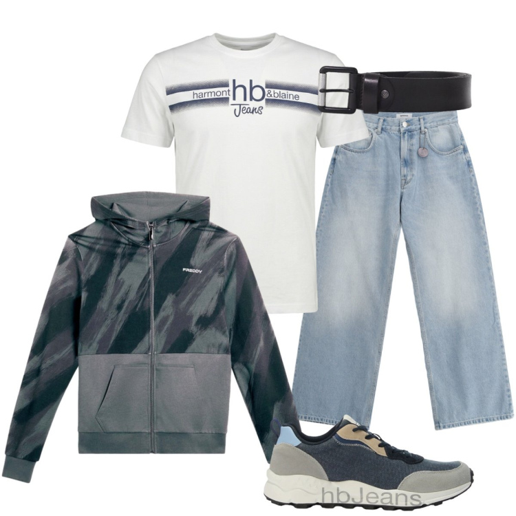 Outfit uomo - Total look #2385997. Stile Urban per Tutti i giorni. Abbinamento con t-shirt, sneakers, jeans, cinture, felpe con cappuccio.
