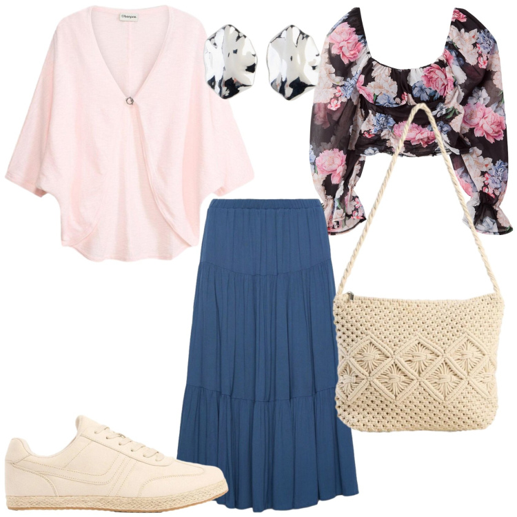 Outfit donna - \'70s vibes. Stile 70s per Tutti i giorni. Abbinamento con cardigans, borse a tracolla, orecchini, sneakers, bluse, gonne lunghe.