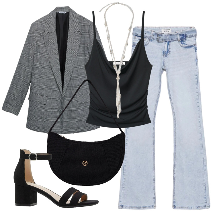 Outfit donna - Combo \'90. Stile Minimal per Serata fuori. Abbinamento con sandali col tacco, blazer, jeans a zampa, top, collane, borse a mano.