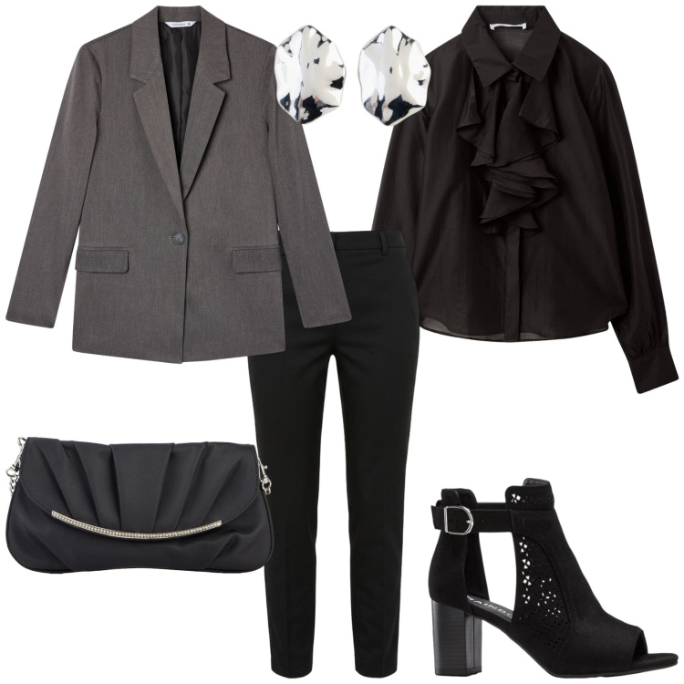 Outfit donna - Serata fuori. Stile Casual chic per Serata fuori. Abbinamento con orecchini, clutch, sandali col tacco, camicie, blazer, pantaloni skinny.