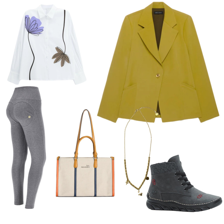 Outfit donna - Tutti i giorni. Stile Casual chic per Ufficio. Abbinamento con stivaletti, blazer, borse tote, camicie, pantaloni skinny, ciondoli.