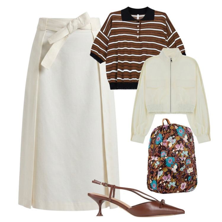 Outfit donna - Sporty chic primaverile. Stile Sporty chic per Tutti i giorni. Abbinamento con valigie, décolleté, polo, bomber, gonne longuette.