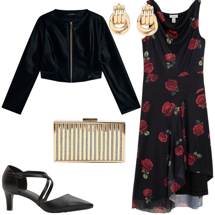 Outfit donna - L\'abito con rose. Stile Glamour per Serata fuori. Abbinamento con vestiti midi/longuette, orecchini, décolleté, clutch, blazer.