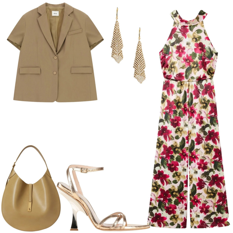 Outfit donna - Al Compleanno della mia amica. Stile Bon Ton per Serata fuori. Abbinamento con sandali in pelle, tute, borse a spalla, orecchini, blazer.