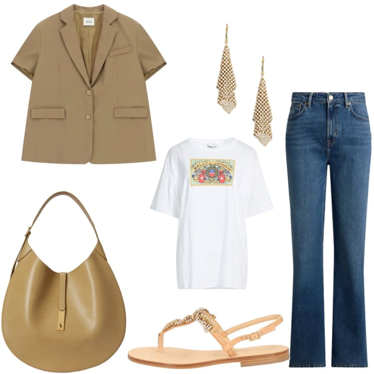 Outfit donna - Il sandalo gioiello. Stile Bon Ton per Serata fuori. Abbinamento con t-shirt, infradito, blazer, borse a spalla, orecchini, jeans dritti.
