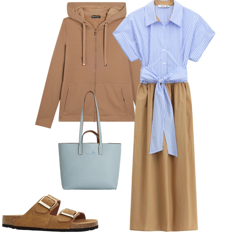 Outfit donna - Aprile soleggiato. Stile Casual chic per Tutti i giorni. Abbinamento con ciabatte, vestiti midi/longuette, shopping bag, felpe con cappuccio.