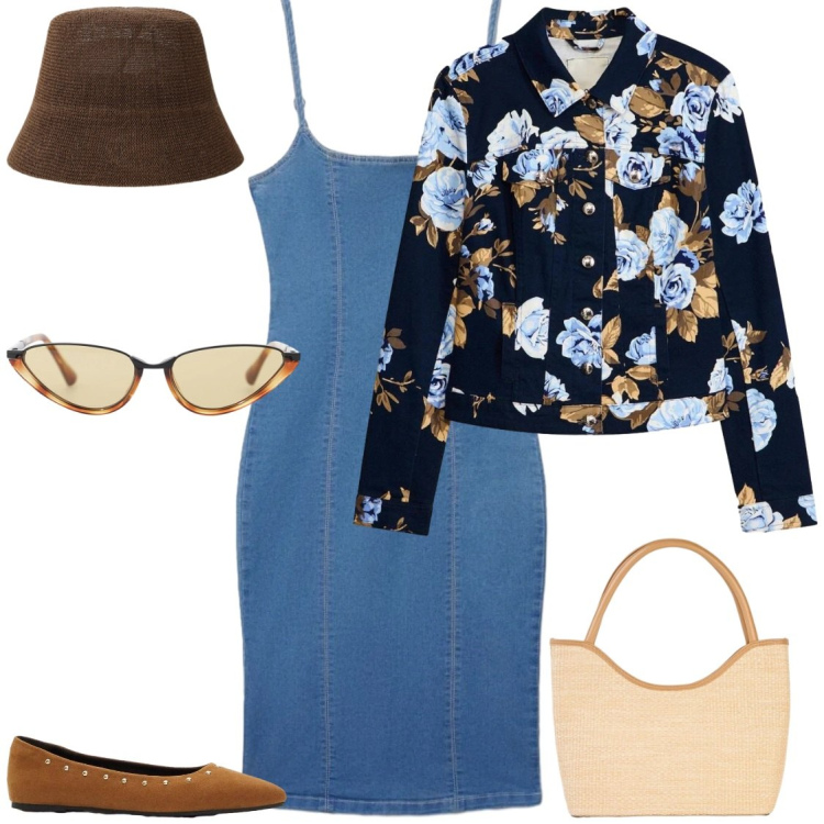 Outfit donna - Abito di jeans. Stile Romantica per Tutti i giorni. Abbinamento con blazer, ballerine, shopping bag, vestiti midi/longuette, occhiali da sole, cappelli.